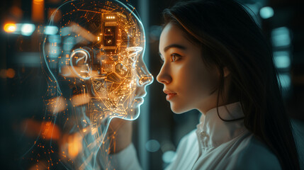 Artificial intelligence. A tech-savvy professional woman interacts with a complex artificial intelligence interface, symbolizing the fusion of human intellect and machine learning.