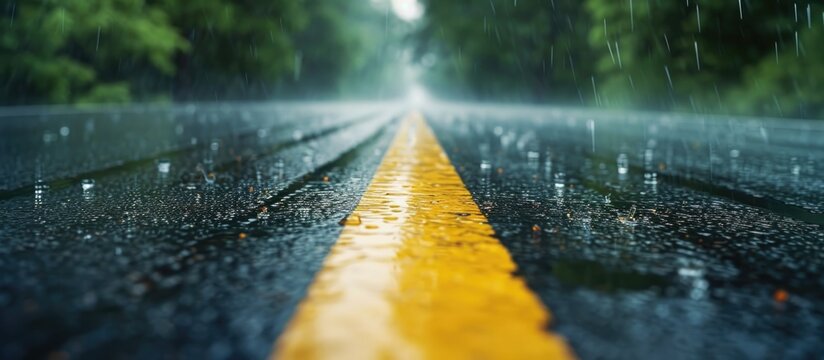 Driving on wet asphalt road during heavy rain can be dangerous due to the risk of aquaplaning.
