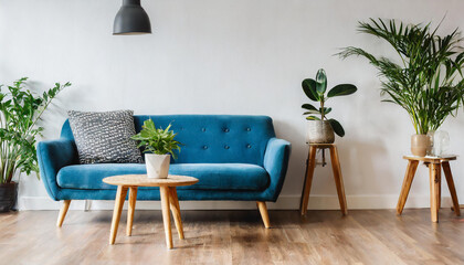 Empty living room with blue sofa, plants and table on empty white wall background,