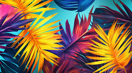 Tropical bright colorful background with exotic painted tropical palm leaves Minimal fashion summer