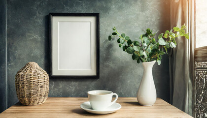 Frame mockup, ISO A paper size. Living room poster mockup. Interior mockup with house background. Modern interior design.