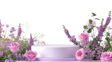 Romantic  flower Podium for product presentation. Arrangement for a Spa Still Life, Wedding, or Celebration Table Decoration with Elements of Beauty, blank space for advertising