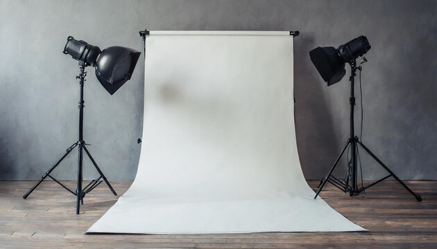 Empty photo studio. =template mock up. Backdrop stand (tripods) with white paper backdrop. Gray background.