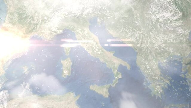 Zoom in from space and focus on Frosinone, Italy. 3D Animation. Background for travel intro. Elements of this image furnished by NASA