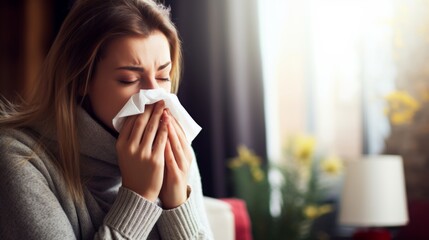 Sick woman blowing her nose with handkerchief, Sneezing, Common Cold