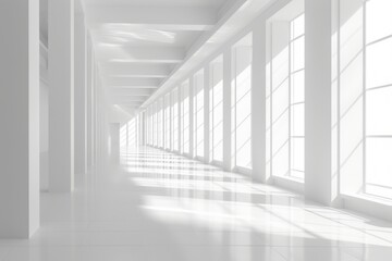 A Long Hallway With White Walls and Windows