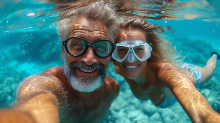 Fototapeta premium An elderly man and a woman share a joyful moment underwater, snorkeling in clear blue waters, capturing the essence of active senior living.