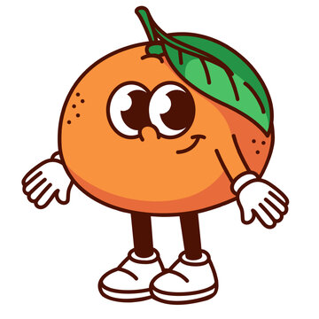 recommend clip art: Groovy cartoon orange character with cute face and smile. Funny retro tropical fruit with green leaf and legs standing, orange tangerine mascot, cartoon sticker of 70s 80s style vector illustration