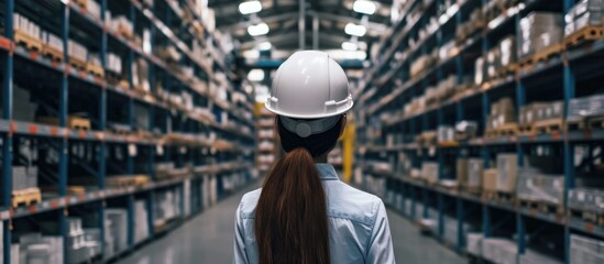 A woman worker in a hard hat reviews stock in a retail warehouse full of shelves.