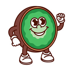 Groovy cartoon kiwi character with victory gesture. Funny retro tropical juicy fruit cut in half, kiwi mascot with hand up and happy smile, cartoon sticker of 70s 80s style vector illustration