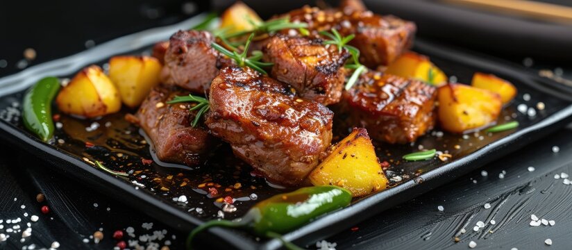 Fried Pork Tenderloin With Green Pepper And Potatoes, Served On A Black Tray, Is A Special Dish In The Restaurant.