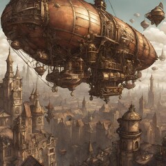 Steampunk-inspired cityscape featuring airships and intricate machinery - 1