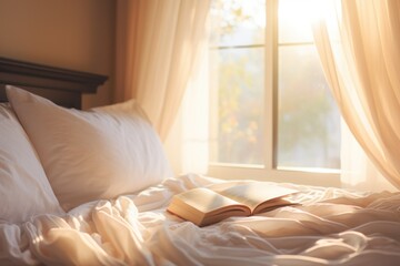 an open book lies on a white bed illuminated by the morning sun, a weekend morning, the pleasure of reading, relaxation and tenderness