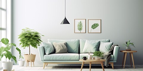 Modern, stylish Scandinavian living room with a mint sofa, furniture, a poster, plants, and elegant personal accessories. Bright and sunny template ready to use for home decor.