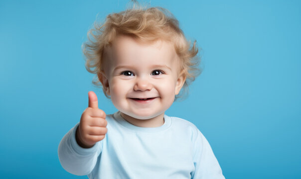 baby with blond curly hair showing thumbs up, gesture of approval and satisfaction on blue background
