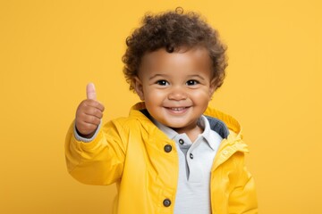 curly child showing thumb up on yellow background