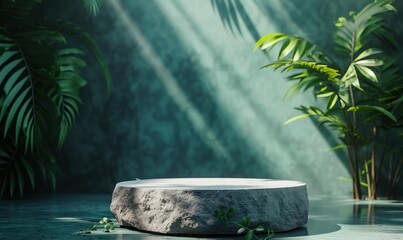 Concrete podium nestled amidst a natural green environment, creating a captivating scene for showcasing merchandise