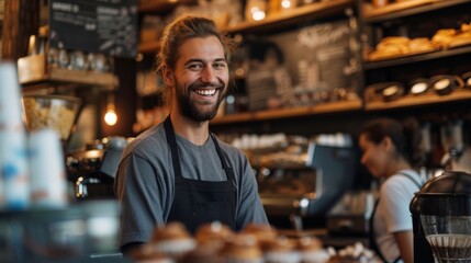 Smiling Man Behind Coffee Shop Counter - obrazy, fototapety, plakaty