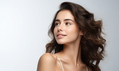 Fototapeta premium young brunette adult woman holding chin and looking away, isolated on white background, healthy hair, perfect skin, beautiful smile