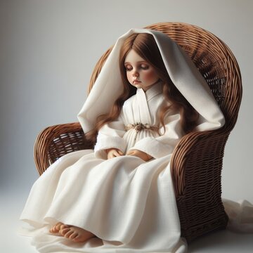 A beautiful doll with long hair on a chair
