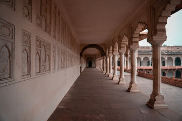 Royal marble and red sandstone walking pathway in red fort agra india