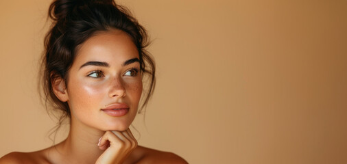 a young woman captivates with her flawless complexion and perfectly styled hair. Her gaze, directed away, hints at contemplation and poise