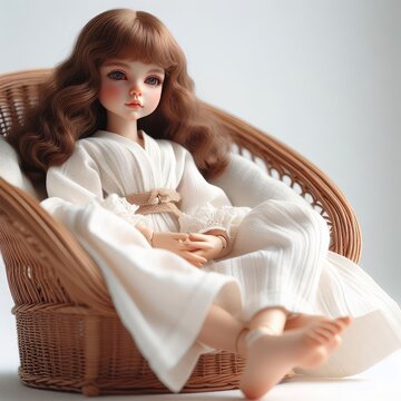 A beautiful doll with long hair on a chair
