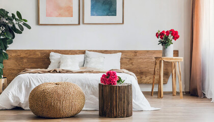 Flowers on wooden stool and pouf in white bedroom interior with posters above bed Real photo. Creative Banner. Copyspace image