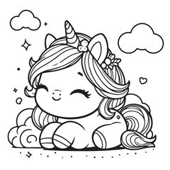 Vector cheerful cute baby cartoon unicorn with on cloud black and white linear art for Childrens design © SAtock