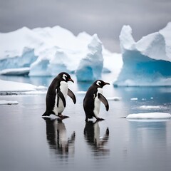 Cute penguins waddling along the shores of Antarctica