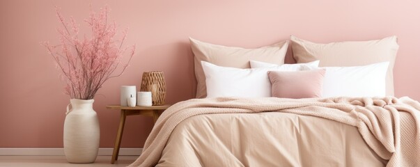 Close-up view of a pink-themed bedroom, highlighting beige pillows, lamp, and vase. Simple and functional bedroom arrangement