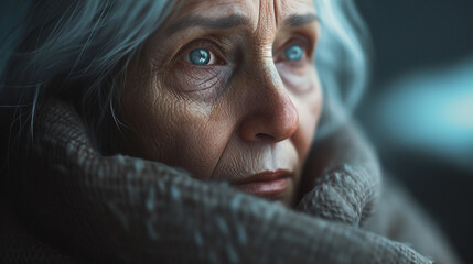 bitter unhappy old woman, grandma, caucasian, gray hair, sad fac