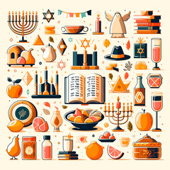 Jewish holiday, Purim, color flat design, symbol set for poster