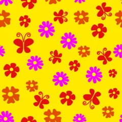 Fototapeten Seamless pattern with dahlia blossom isolated on yellow background. Endless texture with tender flowers and butterfly in flat style, wallpaper design © sirisak piyatharo