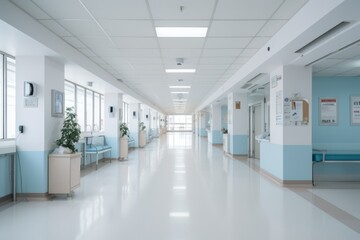 Naklejka na ściany i meble Hospital Corridor Perspective: Serene hospital corridor in azure tones, with doors and waiting areas. Modern healthcare design