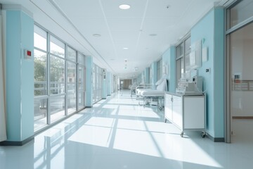 Hospital Corridor Vistas: Expansive hospital corridor in tranquil blue shades, showcasing contemporary architecture