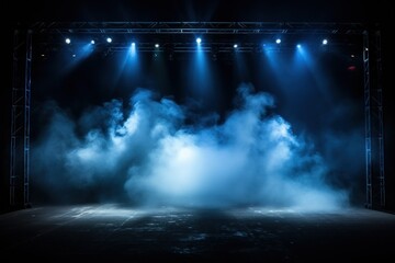 illuminated stage with blue lights and smoke 