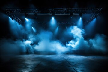 illuminated stage with blue lights and smoke on black
