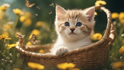 kitten in the basket A precious kitten with a delicate chaplet of daisies, nestled in a handwoven basket,  