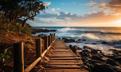 Long boardwalk leading to white sand beach and ocean at sunset - obrazy, fototapety, plakaty