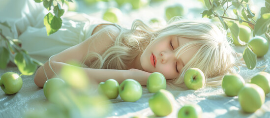 Obraz na płótnie Canvas Happy little girl and apples