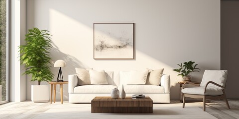 Modern living room interior furnished with white seating and a petite coffee table.