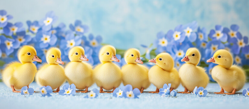 Cute fluffy yellow easter duck sitting, newborn little yellow ducklings,easter concept animals. Banner