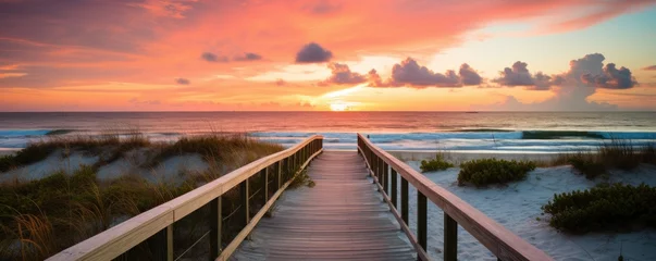 Tableaux ronds sur aluminium Descente vers la plage boardwalk leading to white sand beach and ocean at sunset