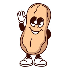 Fototapeta premium Groovy cartoon peanut character waving hand to say Hello. Funny retro nut with shell and smile, cheerful peanut mascot with hand up, cartoon protein snack sticker of 70s 80s style vector illustration