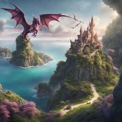 Mystical island inhabited by mythical creatures like dragons and unicorns