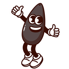 Groovy cartoon chia seed character jumping with laughter. Funny retro positive grain with thumbs up, jump of happy chia mascot, cartoon superfood sticker of 70s 80s style vector illustration