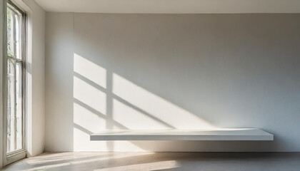 Empty minimal natural wooden table counter podium, beautiful wood grain in sunlight, shadow on white wall for luxury cosmetic, skincare, beauty treatment, decoration product display