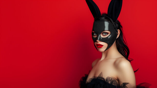 Woman banny mask with standing on red background