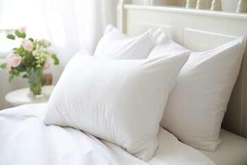 soft white pillows on white bed at light bedroom